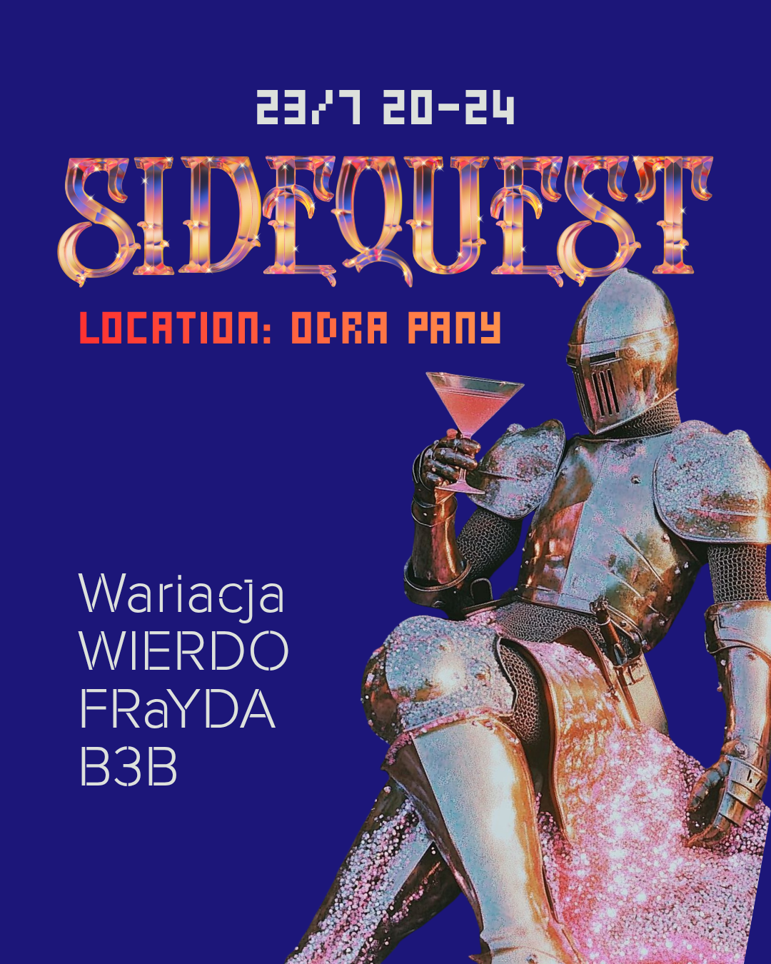 Plakat Sidequest, rycerz z drinkiem